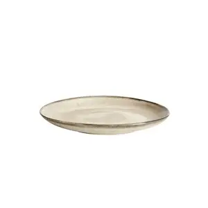 Rund desserttallerken med glat, naturlig overflade og fladt design i afdæmpet tone.