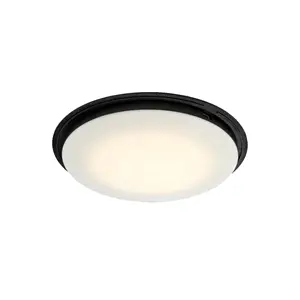 Cirkulær lampe med sort kant og diffust hvidt lys, velegnet til udendørs brug.