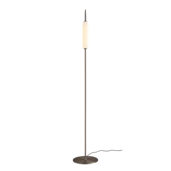 Høj, slank gulvlampe i bronzed finish med cylindrisk lys og cirkulær base.