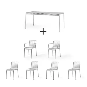 Udendørs sæt: 1 bord, 6 stole fra HAY Palissade. Slank, moderne stil med slattedesign.