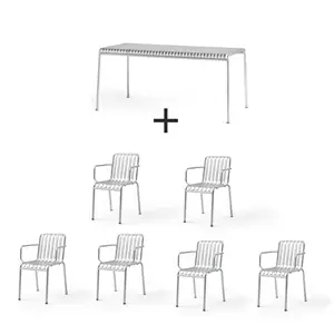Minimalistisk møbelsæt med rektangulært bord og seks armlæn-stole i lineært design.
