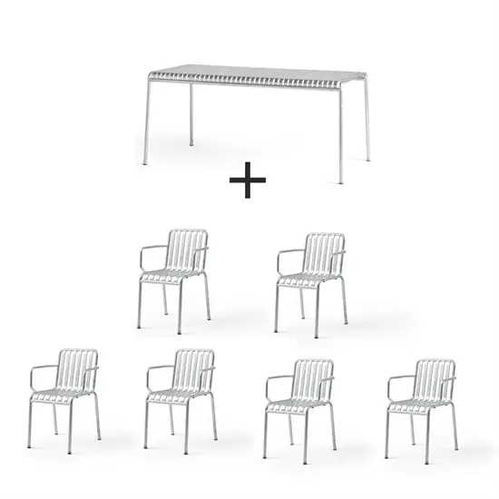 Minimalistisk møbelsæt med rektangulært bord og seks armlæn-stole i lineært design.