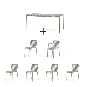Udendørs møbelsæt: 1 rektangulært bord, 4 stole, 2 armlæn, alle i slankt, slattet design.
