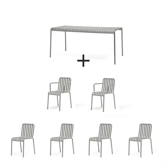 Udendørs møbelsæt: 1 rektangulært bord, 4 stole, 2 armlæn, alle i slankt, slattet design.