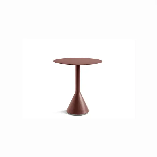 Rundt bord med kegleformet fod, ensartet jernrød farve, minimalistisk design.