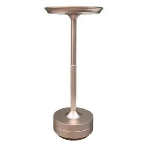 LED bordlampe med rund base, slankt cylindrisk stativ og flad cirkulær lyskilde i sandfarve.