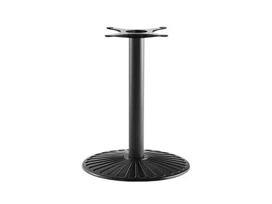 Rund metalbase med cylindrisk søjle og top til montering af bordplade, velegnet til udendørs brug.