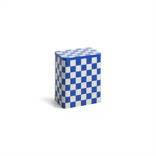 Stor tinbeholder med blå og off-white ternet mønster fra Hay.