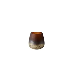 Rund vase med bred åbning, brun top, gylden bund og tekstureret overflade.