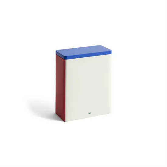 Hay - Tin Container, X-large, off-white krop, blåt låg, rød side, rektangulær form.