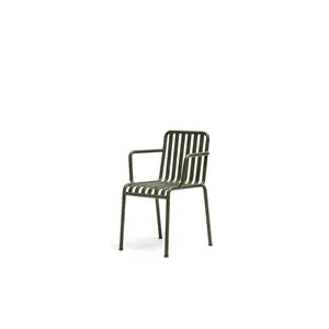 Olivegrøn havestol med lodrette lameller og armlæn, moderne design.