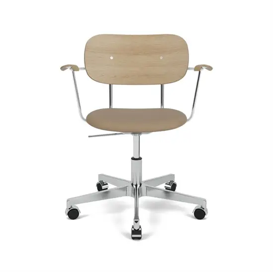 Audo Copenhagen - Co Task Chair w/Armrest, Star Base w/Casters, Polished Aluminium, Seat Upholstered With PC0L, Oak Back And Arms, Hard Floor, Natural Oak, EU/US - CAL117, 1611 (Stone), Sierra, Sierra, Camo