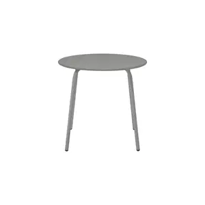 Rundt bord med grå bordplade og fire let buede ben i ensartet grå farve.