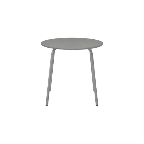 Rundt bord med grå bordplade og fire let buede ben i ensartet grå farve.