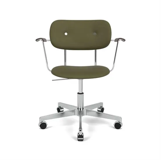 Audo Copenhagen - Co Task Chair w/Armrest, Star Base w/Casters, Polished Aluminium, Seat And Back Upholstered With PC0L, Oak Arms, Hard Floor, Dark St. Oak, EU/US - CAL117, 0441 (Army), Sierra, Sierra, Camo