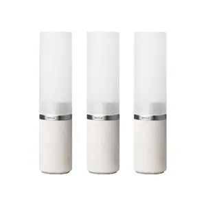 Tre cylindriske lysestager, mat finish, tekstureret bund, glat og gennemsigtig top.