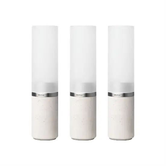 Tre cylindriske lysestager, mat finish, tekstureret bund, glat og gennemsigtig top.