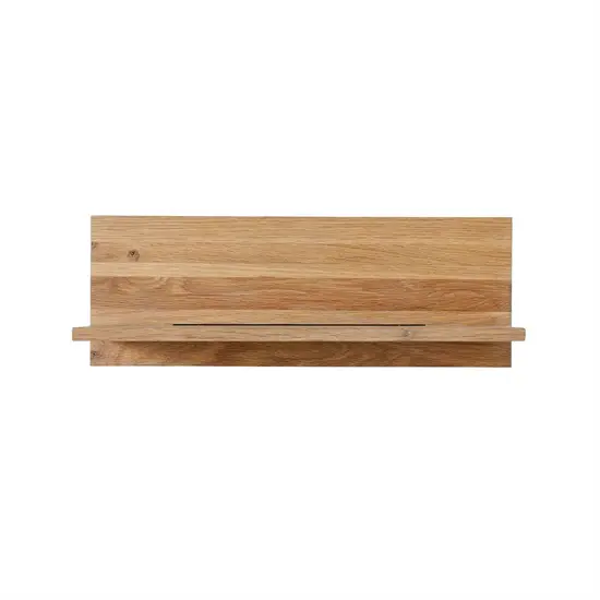 Rektangulær træhylde med naturlig træstruktur og bagpanel til vægmontering.