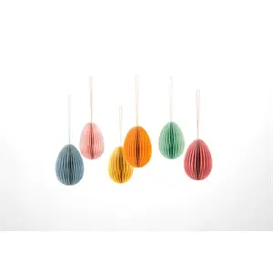 Æggeformede dekorationer i pastel med tekstur og ophængsloops, i lysegrøn, blå, pink, gul og orange.