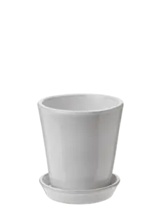 Hvid urtepotteskjuler med glat overflade og skål, bredere foroven, Ø 10.5 cm.