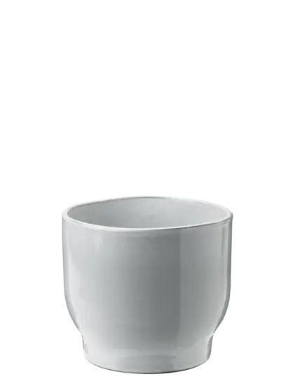 Enkel, hvid urtepotteskjuler med blank overflade og let tilspidset cylindrisk form.