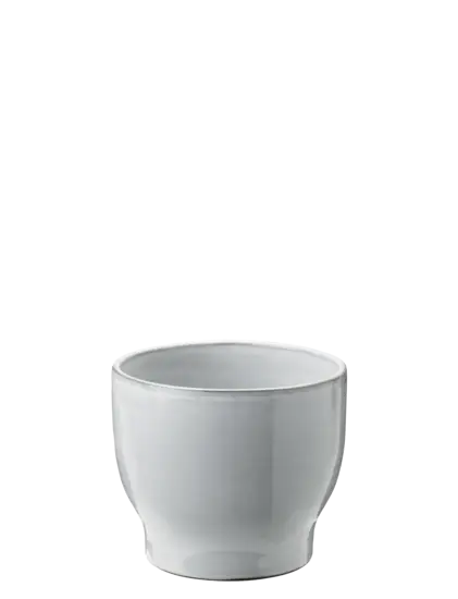 Hvid urtepotteskjuler med glat, blank overflade og rund form, let tilspidset mod bunden.