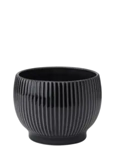 Sort urtepotteskjuler med ribbet tekstur, blank finish og rund form med bred åbning.