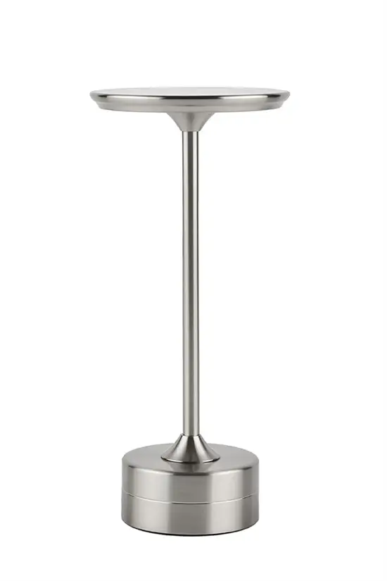 Moderne LED-bordlampe i sort med rund fod og slank stander, egnet til caféindretning.