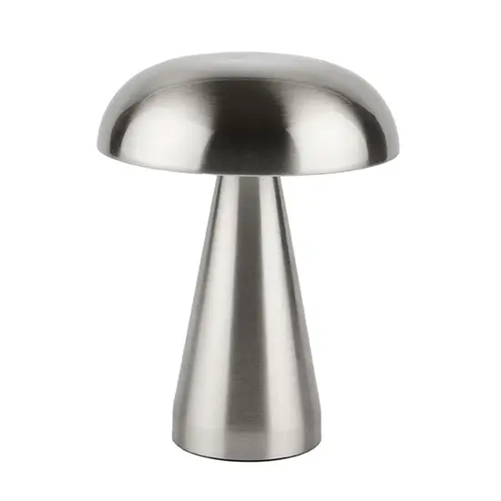 Bordlampe i børstet stål med rund top og konisk base, moderne svampeformet design.