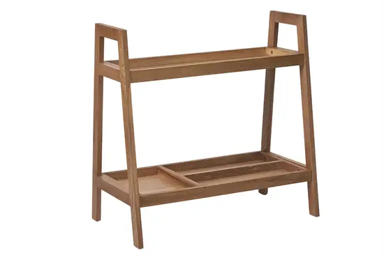 Rektangulært bord i eg med to niveauer, smalt øverst, sektioner nederst, fire ben.