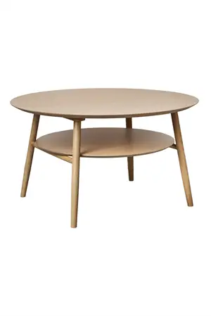 Rundt sofabord med to niveauer og skråtstillede ben i eg/finer.