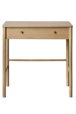 Konsolbord i eg med en skuffe og to runde greb. Lige, cylindriske ben med støttebjælke.