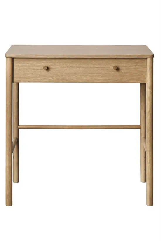 Konsolbord i eg med en skuffe og to runde greb. Lige, cylindriske ben med støttebjælke.