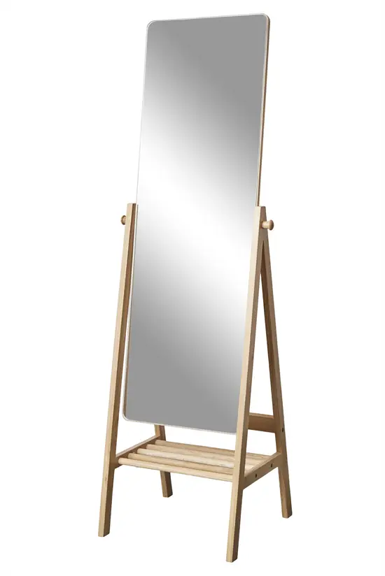 Fritstående spejl med afrundede hjørner og træramme, understøttet af et A-formet stativ.