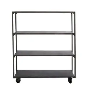 Sort reol med fire hylder, metalramme og hjul for nem mobilitet.