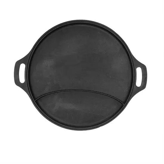 Rund pande, 43 cm i diameter, med to håndtag og en skillelinje nær kanten til grillmadlavning.