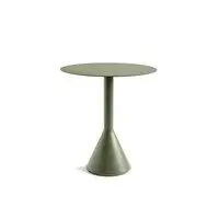 Rundt bord med konisk fod i olivengrøn, minimalistisk design.
