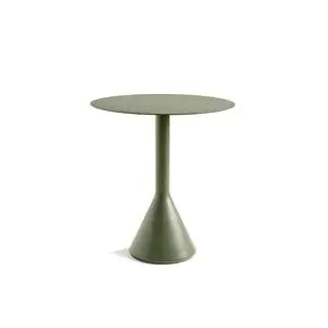 Rundt bord med konisk fod i olivengrøn, minimalistisk design.
