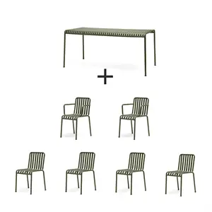 Udendørs møbelsæt: 1 bord, 4 stole, 2 armstole i olivengrøn, minimalistisk og slatted design.