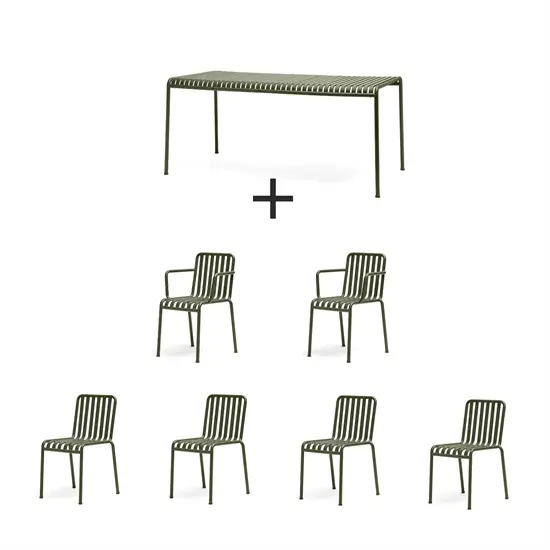 Udendørs møbelsæt: 1 bord, 4 stole, 2 armstole i olivengrøn, minimalistisk og slatted design.