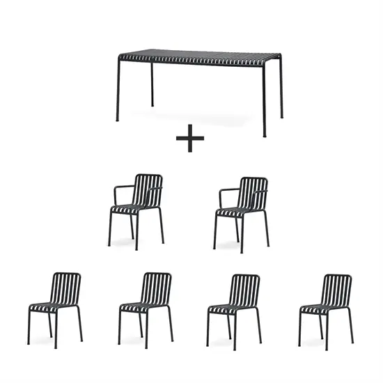 Udendørs møbelsæt med slankt design: 1 bord, 4 stole uden armlæn, 2 stole med armlæn i antracit.