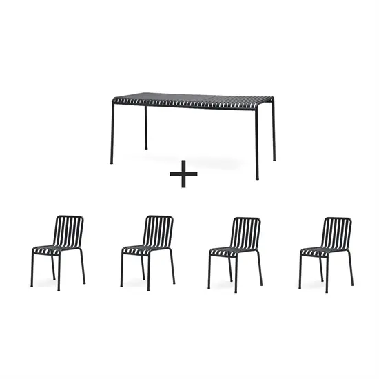 Mørkt møbelsæt med slattedesign: 1 bord og 4 stole. Enkel, moderne stil.