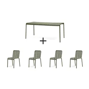 Udendørs møbelsæt fra HAY Palissade i olivengrøn med et bord og fire stole, alle med lameldesign.