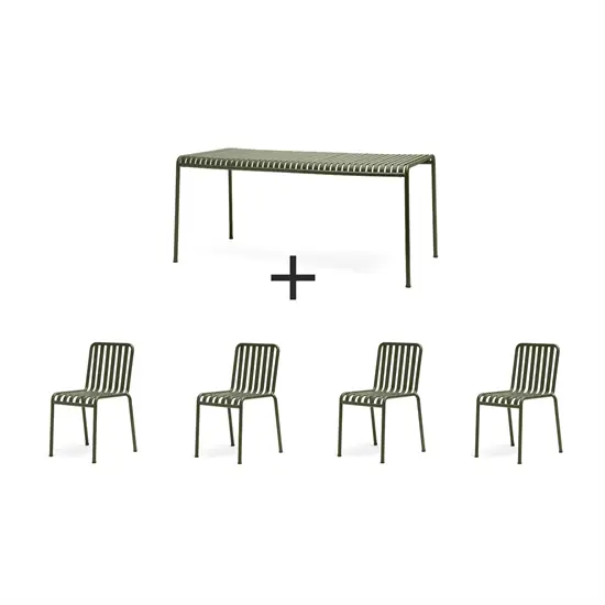 Udendørs møbelsæt fra HAY Palissade i olivengrøn med et bord og fire stole, alle med lameldesign.