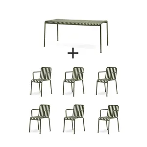 HAY Palissade sæt i oliven med 1 rektangulært bord og 6 armlæn stole, slank og minimalistisk design.