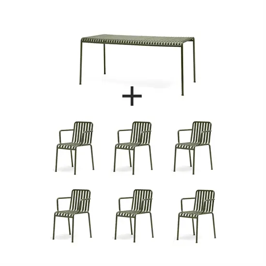 HAY Palissade sæt i oliven med 1 rektangulært bord og 6 armlæn stole, slank og minimalistisk design.