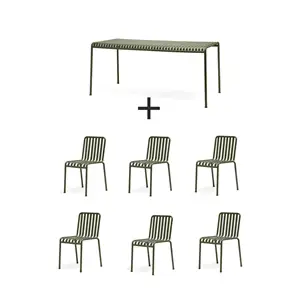 Olivengrønt udendørs møbelsæt med et rektangulært bord og seks stole i slatted design.
