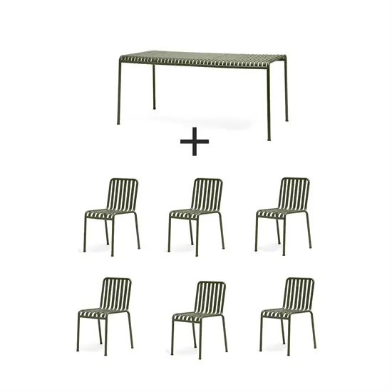 Olivengrønt udendørs møbelsæt med et rektangulært bord og seks stole i slatted design.