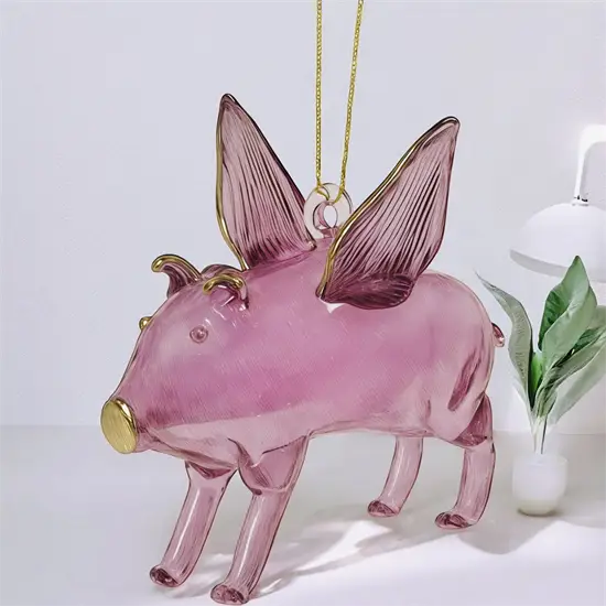 Flyvende glas-gris i pink glas - længde 9 cm