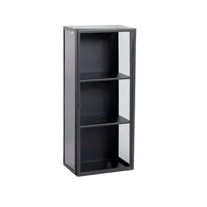 Lille skab med minimalistisk design, transparente og opake paneler, flere hylder til opbevaring.